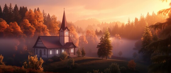 Fototapeta premium Charming Countryside Church at Sunrise with Autumn Foliage and Misty Forest in Background