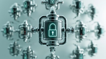 Futuristic digital cybersecurity lock concept reflecting protection and encryption in technology and networks with a metallic design.
