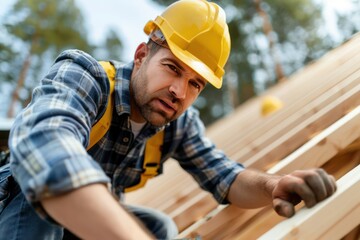 Obraz premium Professional roofer installing asphalt shingles on a gable roof, ensuring a durable and watertight roof for your home Learn about shingle roofing and how it protects your house from the elements