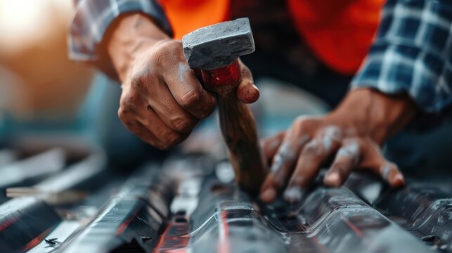 Professional roofer using a hammer to fix a damaged roof, ensuring a secure and watertight seal Expert roof repair services for residential and commercial properties