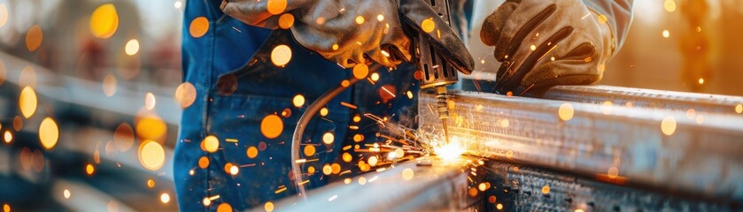 Close-up of a worker using a grinder in a workshop, with bright sparks flying, depicting industrial and manufacturing activity in action.
