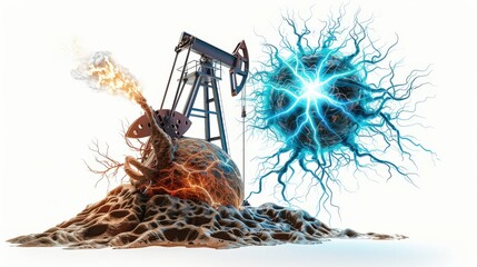 Oil extraction machinery with a digital energy burst concept, representing the fusion of traditional and futuristic energy sources.