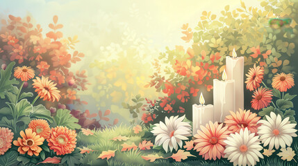 Fall remembrance, candles and flowers placed at a gravesite with colorful foliage, peaceful tribute