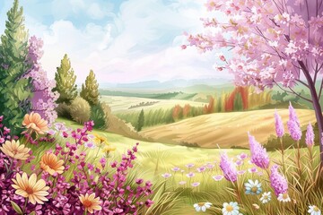 Obraz premium Watercolor spring landscape featuring vibrant flowers, lush greenery, and a serene countryside view