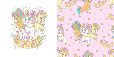 Unicorn friends illustration and seamless pattern vector set