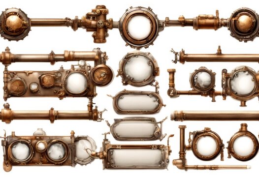 collection of steampunk-style pipe and valve elements arranged in a grid pattern pieces of brass and copper with intricate details and ornate designs