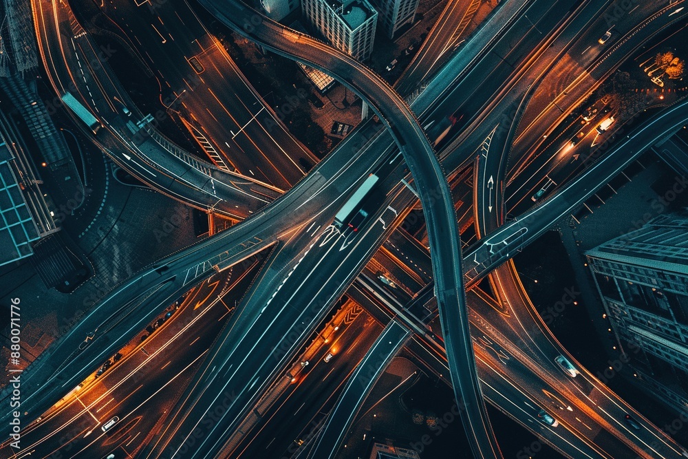 Poster aerial view of a highway interchange in a city, with cars driving on an overpass road