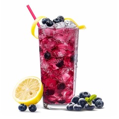 A refreshing blueberry lemonade with blueberries and lemon slices, served in a tall glass with crushed ice, isolated white background