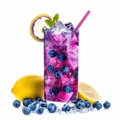 A refreshing blueberry lemonade with blueberries and lemon slices, served in a tall glass with crushed ice, isolated white background