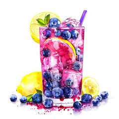 A refreshing blueberry lemonade with blueberries and lemon slices, served in a tall glass with crushed ice, isolated white background