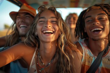 Group of teens singing along to music in a car.