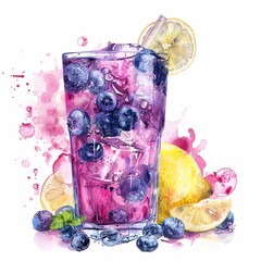 A refreshing blueberry lemonade with blueberries and lemon slices, served in a tall glass with ice cubes, isolated white background