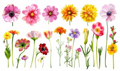 Collection of summer flowers painted in grunge oil painting style. Isolated on white background