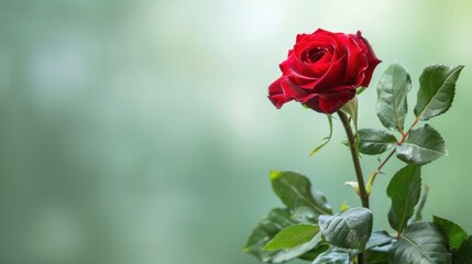 Naklejka premium Close-up of a single red rose with lush green leaves and a soft green background, symbolizing love and beauty.