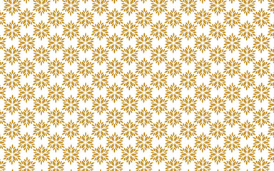 Golden vector floral seamless pattern. Abstract luxury geometric ornamental texture with small flower silhouettes. Gold and white simple ornament in oriental style.	