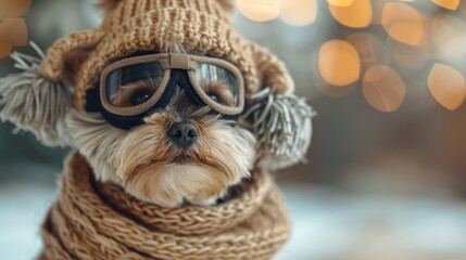 Obraz premium Adorable dog wears a cozy winter knitted outfit with goggles, creating a heartwarming and cute winter scene.