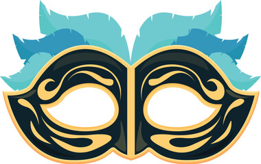 Black and gold carnival mask with turquoise feathers is representing masquerade ball and mystery