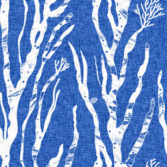 Whimsical seaweed kelp coastal electric blue beach pattern. Batik screen block print cloth effect. Playful tropical summervacation background. Modern scandi underwater plant seamless design.