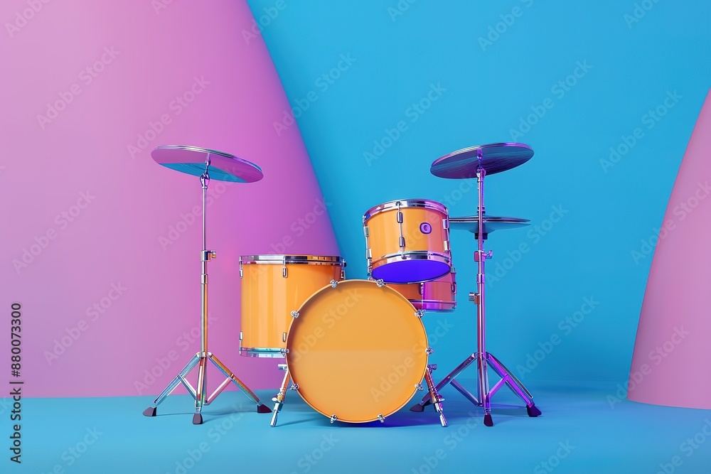 Wall mural a set of drums with a pink and blue background