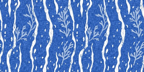 Whimsical seaweed kelp coastal electric blue beach pattern. Batik screen block print cloth effect. Playful kelp coral tropical summer background. Modern scandi underwater plant seamless design.