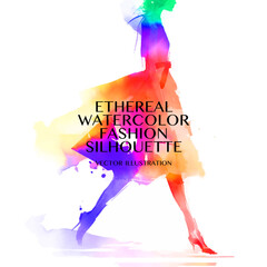 Ethereal Watercolor Fashion Silhouette. Vector illustration of a woman walking in a colorful watercolor ink splash. Her long dress and hair flow behind her as she strides forward.