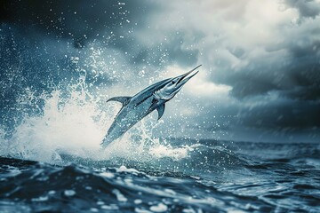 Obraz premium A large shark is leaping out of the water, creating a splash