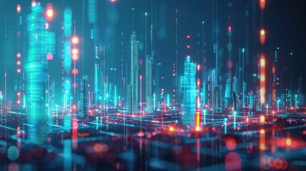 Fototapeta premium A futuristic digital cityscape glowing with neon lights at night, showcasing a high-tech, cyberpunk aesthetic.