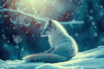 A white fox is sitting on the snow