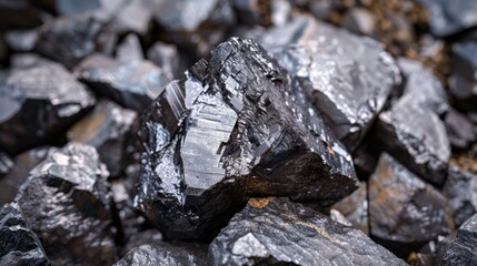 Close-up view of shiny black rocks with a textured surface, showcasing natural geological formations.