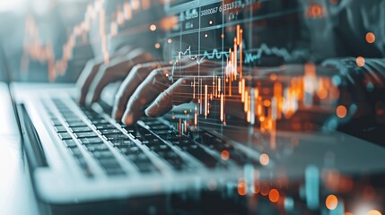 Fototapeta premium Efficient Financial Analysis in Corporate Setting - Close-up of Hands Typing on Laptop with Charts, Business Productivity, Generative Ai