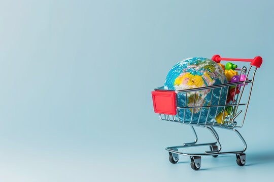 A shopping cart is filled with a globe and other items