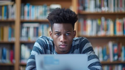 A dedicated student intensely studying in a library, surrounded by shelves of books, conveying focus and determination.