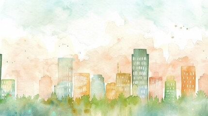 Watercolor painting of a cityscape. The buildings are tall and colorful, and the sky is cloudy. Scene is peaceful and serene, with the watercolor effect adding a dreamy quality to the scene