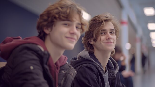 Two smiling teenage boys in a school hallway, sharing a moment of joy and camaraderie, with a friendly school environment background.