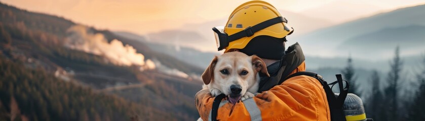 Firefighter in protective gear holding a dog during a forest fire, exemplifying courage and companionship amidst natural disasters.