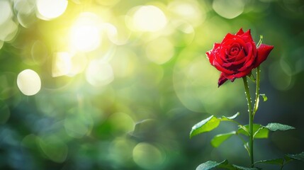 Fototapeta premium Close-up of a red rose with morning dew, illuminated by sunlight, against a blurred green background, symbolizing beauty and freshness.
