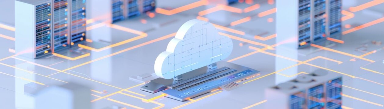 Futuristic cloud computing infrastructure with digital nodes and data servers. Concept of internet technology and virtual storage.