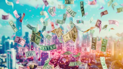 Fototapeta premium A bunch of money is flying through the air. The money is in different colors and sizes. Concept of excitement and abundance