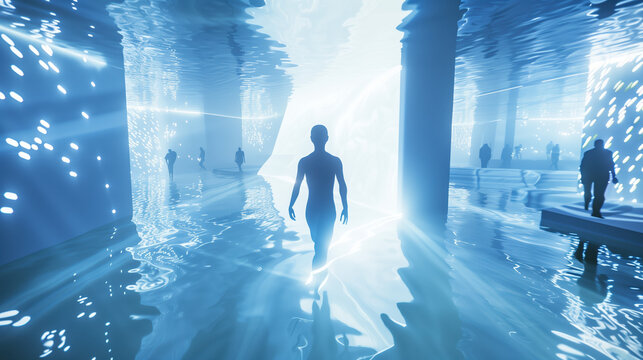 A futuristic scene of a virtual reality baptism, with a person emerging from a pool of light