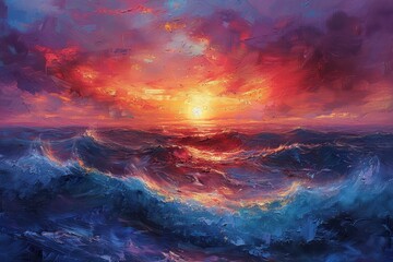 Naklejka premium Oil painting of a vibrant sunset over a vast ocean.