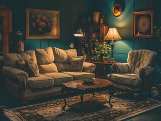 Cozy and inviting vintage living room with stylish lamps and soft lighting