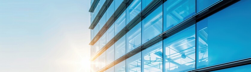 Modern glass building exterior reflecting the bright sunlight, blue sky, and clouds, symbolizing innovation, architecture, and urban development.