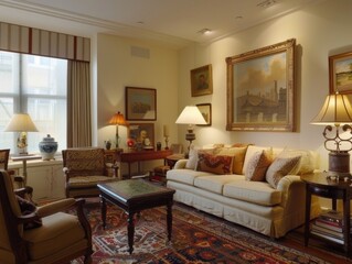 Warm living room with vintage furniture, framed artwork, and stylish lamps