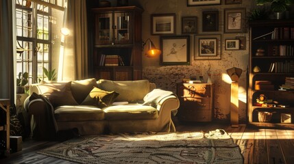 Warmlylit vintage living room with cozy decor and a soft couch