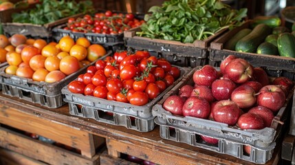 Fresh Produce in Wooden Crates at a Market Stall