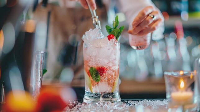 A bartender preparing a cocktail with a water glass filled with crushed ice and ingredients.