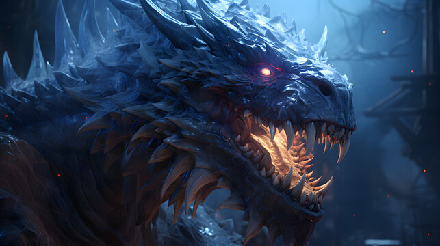 A fearsome dragon with glowing orange eyes and an open mouth filled with sharp teeth. The dragon has blue and purple scales and a spiky back.