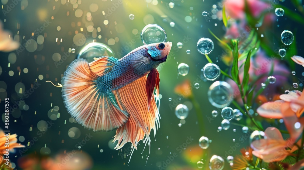 Poster a betta fish building a bubble nest on the water surface in its aquarium.