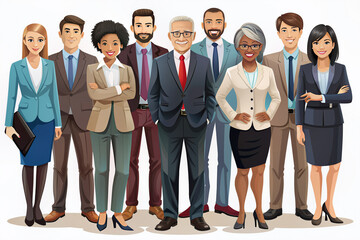 Fototapeta premium Diverse business team illustration featuring various ages, races, and body types in office attire, showcasing multicultural corporate unity, isolated on a white background.