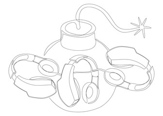 One continuous line of bomb with headphones. Thin Line Illustration vector concept. Contour Drawing Creative ideas.